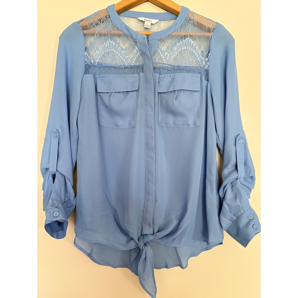 Candie's Light Blue Lace Yoke‎ Tie Front Roll Tab Sleeve Blouse Small